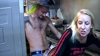 Wild French Babe Pleasing Two Cocks While Working in Kitchen