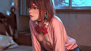 Nighttime Seduction - Red Bow Unfastened, Blue Skirt Lifted, Secret Nipples Exposed Under Soft Light