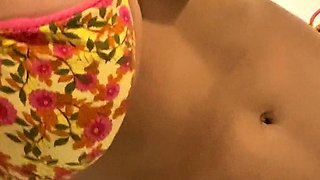 Busty babe playing with her big boobs