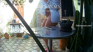 Hotwife in lingerie in winter garden sensualizing