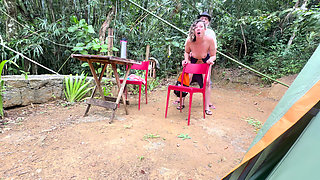 Naughty woman gives a blowjob and rides a stranger at the campsite.