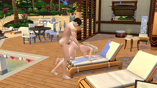 Couple in love have sex in public on the beach. The sims