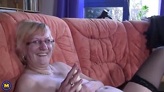 Horny Grandma Bea Undressed and Masturbates with Dildo on Couch