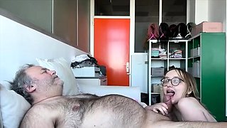 Young blonde gives blowjob and titjob to old guy