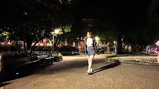 Naughty redhead teen flashing her perky tits in public
