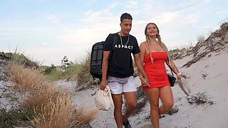 A fat woman has sex with her boyfriend on the beach in this erotic video.