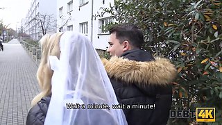 Watch this blonde bride get pounded by her debt collector in white dress & stockings