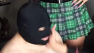 Sexy Schoolgirl Dommes Tease Masked Submissive Stud