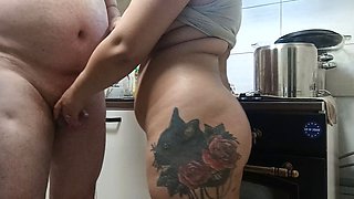 Suck old man dick in the kitchen and swallow