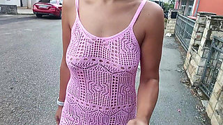 A Public Walk Around the City Without Underwear in a Transparent Dress