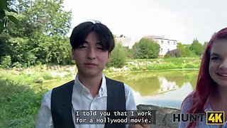 Redhead slut cheats on boyfriend in public with stranger and shows off her natural big tits