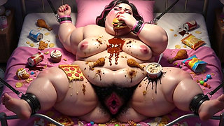 Obese BBW in Bondage Surrounded by Food - Begging for Huge Dick Inside Her