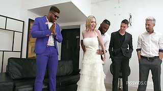 Blonde Bride in Stockings Takes Brutal Anal Gangbang and