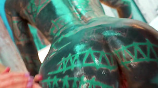 Oiled up Lesbians Share a Metal Toy