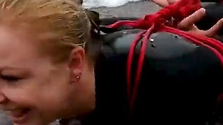 Hogtied in a Wetsuit - Rope Bondage Escape Challenge on the Beach