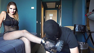 Femdom chick slaping hard her slave