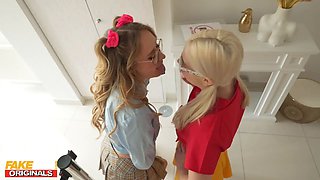 Lesbian students get pumped by strap-on statue and packed up with cum
