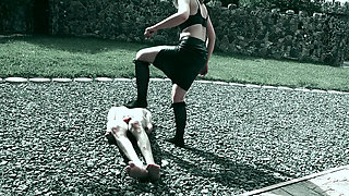 I allow him to wank while I PISS on his COCK - Toilet slavery Castle Outdoor